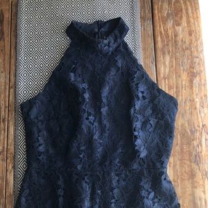 High Neck Navy Blue Lace Midi Cocktail Dress